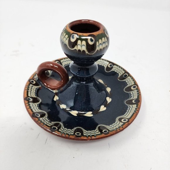 Vintage Bulgarian Redware Folk Art Handcrafted Troyan Ceramic Candle Holder Blue - Picture 7 of 10